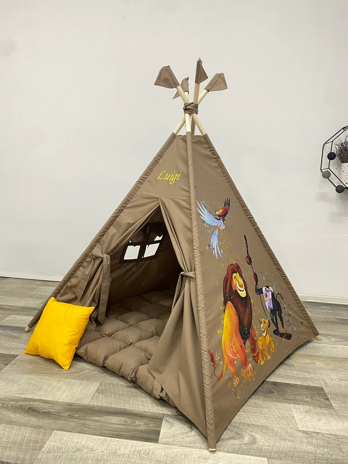 Teepee tent for kids with hand drawing Lion King, cotton indoor playhouse, childrens outdoor playhouse, tipi zelt kinder