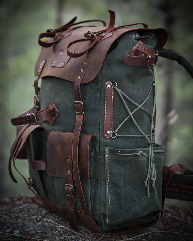 Black-Brown-Green | Bushcraft Handmade Waxed Canvas Backpack | 50 L | Daily Use | Bushcraft, Travel, Camping, Hunting, Fishing, Sports bag