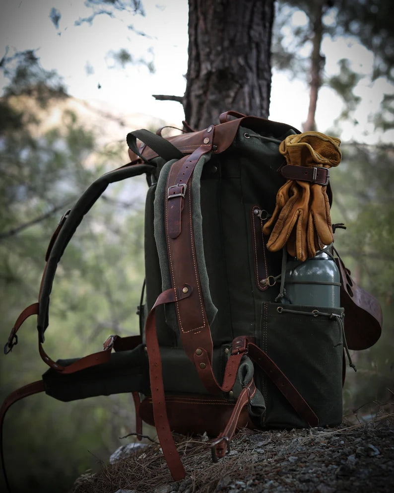 Black-Brown-Green | Bushcraft Handmade Waxed Canvas Backpack | 50 L | Daily Use | Bushcraft, Travel, Camping, Hunting, Fishing, Sports bag