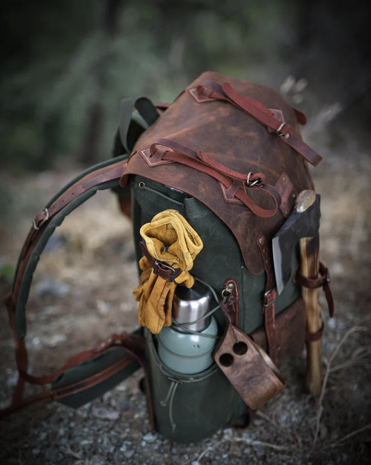 Black-Brown-Green | Bushcraft Handmade Waxed Canvas Backpack | 50 L | Daily Use | Bushcraft, Travel, Camping, Hunting, Fishing, Sports bag