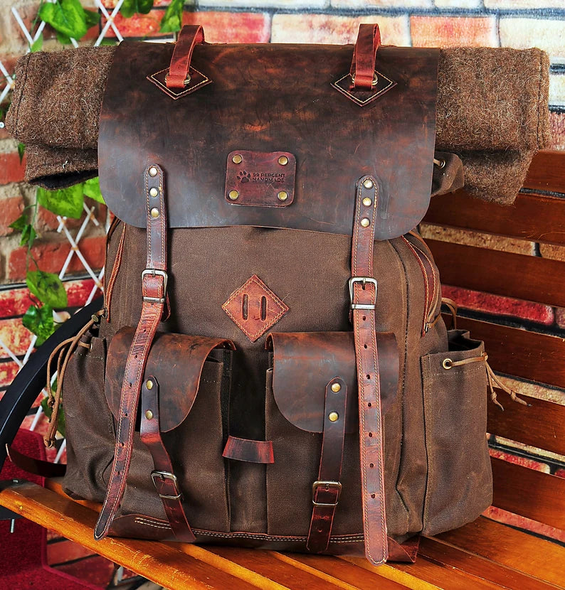 Black-Brown-Green | Bushcraft Handmade Waxed Canvas Backpack | 50 L | Daily Use | Bushcraft, Travel, Camping, Hunting, Fishing, Sports bag