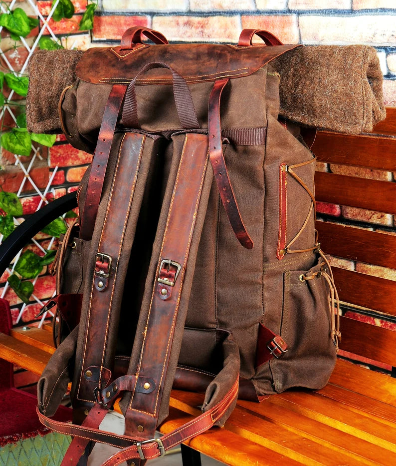 Black-Brown-Green | Bushcraft Handmade Waxed Canvas Backpack | 50 L | Daily Use | Bushcraft, Travel, Camping, Hunting, Fishing, Sports bag