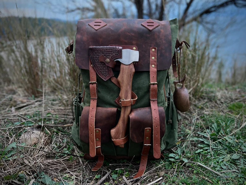 Black-Brown-Green | Bushcraft Handmade Waxed Canvas Backpack | 50 L | Daily Use | Bushcraft, Travel, Camping, Hunting, Fishing, Sports bag