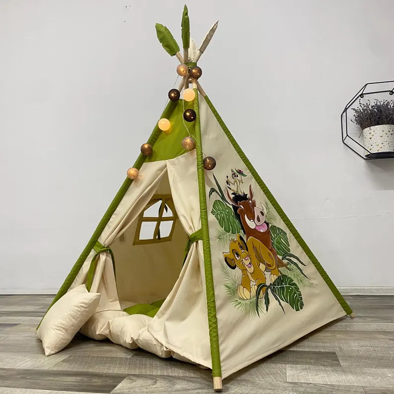 Teepee tent for kids with hand drawing Lion King, cotton indoor playhouse, childrens outdoor playhouse, tipi zelt kinder